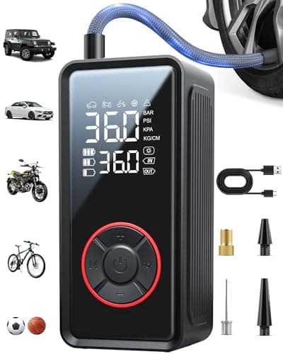 Powools Tire Inflator Portable Air Compressor - 3X Faster Inflation Air Pump with LED Light, Auto Shut-Off Tire Pump with 4 Nozzles for Car, Motorcycle, Bicycle, Ball, Black, 5.9" x 2.8" x 2.0"
