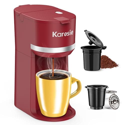 Karosie Single Serve Coffee Maker for K-Cup and Ground Coffee, Fast Brew, 6-12 oz Brew Sizes One Cup Coffee Machine Fits 5.5" Mugs, One-Button Small Coffee Maker with Descaling Reminder, Red