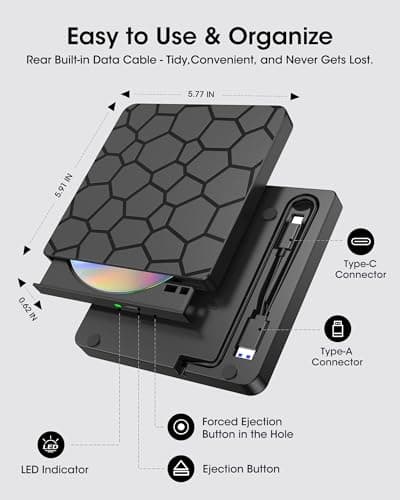 ROOFULL External CD DVD Drive for Laptop, USB 3.0 & USB-C Portable CD/DVD-RW Disc Drive Reader Burner Writer Player for Windows 11/10/8/7 Laptop Mac MacBook Linux PC, RF868 — view 5