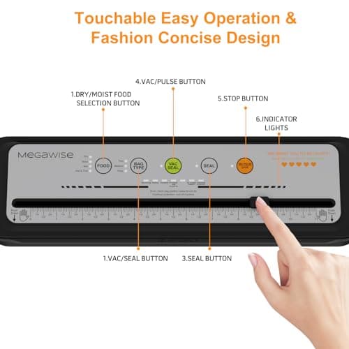 Updated Vacuum Sealer Machine 2025, MEGAWISE Food Sealer w/Starter Kit, Dry & Moist Food Modes, Compact Design with 10 Vacuum Bags & Built-in Cutter (Grey) — view 5