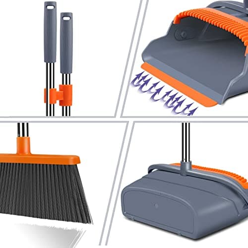 kelamayi Upgrade Broom and Dustpan Set, Self-Cleaning with Dustpan Teeth, Indoor&Outdoor Sweeping, Ideal for Dog Cat Pets Home Use, Stand Up Broom and Dustpan (Gray&Orange) — view 2