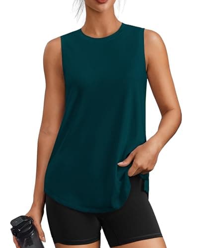 PINSPARK Workout Tops for Women Sleeveless Athletic Tank Tops UPF 50+ Running Tanks with Side Slits Loose Fit Gym Yoga Shirt, Moss Teal, Large