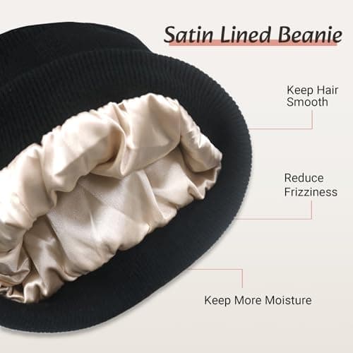 PFFY Satin Lined Beanie for Women Silk Lining Soft Winter Hats Reduce Frizz Knit Beanies Warm Skull Cap Black