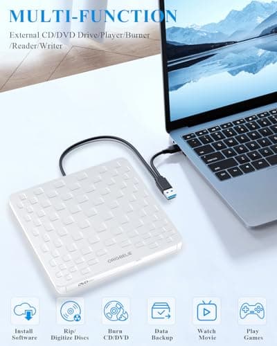 ORIGBELIE External CD/DVD Drive for Laptop, Ultra Slim 13mm USB 3.0 Type-C Portable DVD Player CD Burner Reader Writer Recorder for Desktop PC Windows 11/10/8/7 Linux Mac OS, White — view 5