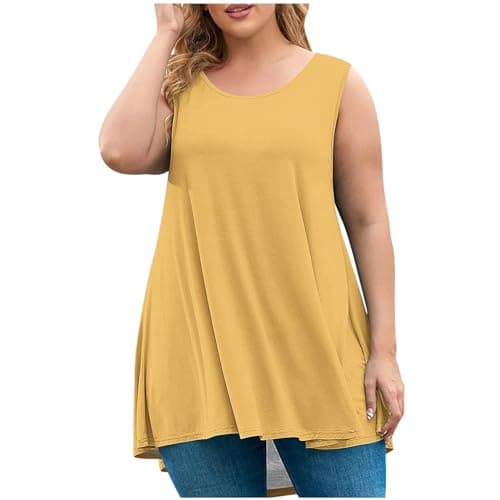 Womens Plus Size Tunic Tops Loose Fit Summer Casual Shirts Sleeveless Crewneck Flowy Blouses Wide Strap Camisole Yellow