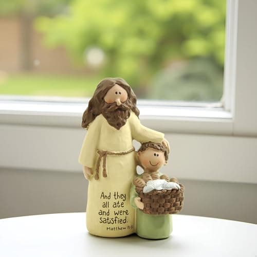 Jesus and Boy Figurine, Resin Christian Statue with Bible Verse Matthew 15:37, Inspirational Jesus Decor for Home, Sunday School and Children's Ministry, 4.13 inch — view 3