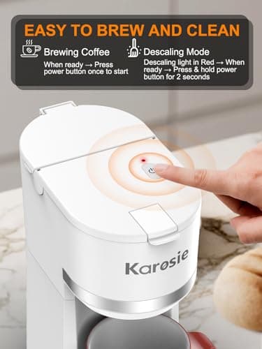 Karosie Single Serve Coffee Maker for Coffee Pods and Grounds,Fast Brew, 6-12 oz Brew Sizes Single Cup Coffee Maker Fits 5.5" Mugs,One-Button Small Coffee Maker,Descaling Reminder,White,9.45 Inches — view 4
