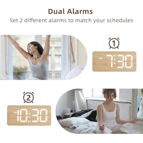 Wooden Digital Alarm Clocks for Bedrooms: Dimmable Dual Alarm Clock with Large Numbers for Bedside Desk - Bamboo — view 4