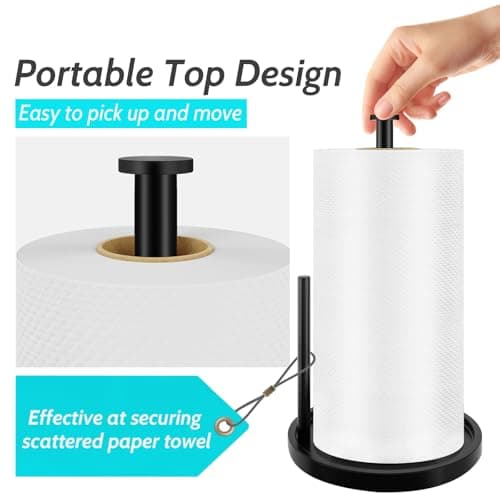 Paper Towel Holder Countertop, Standing Paper Roll Holder with Anti Slip Weighted Base, Stainless Steel Freestanding Paper Towel Holder for Kitchen, Black — view 3