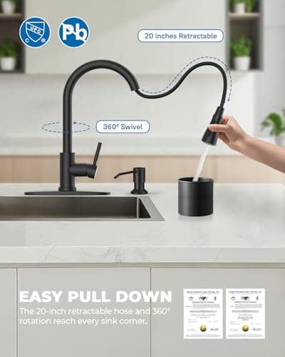 WEWE Kitchen Faucet with Soap Dispenser and Pull Down Sprayer, RV Single Handle Classic 3 Modes Stainless Steel Faucet for Kitchen Sink, RV, Matte Black — view 2