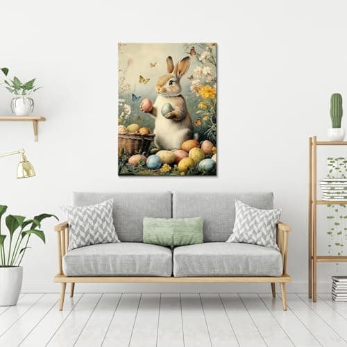 Easter Bunny Canvas Wall Art, Cute Rabbit and Easter Eggs Painting Prints, Vintage Farmhouse Spring Animal Picture, Modern Framed Easter Wall Decor for Bedroom, Living Room, Bathroom, Office 8×10In — view 2
