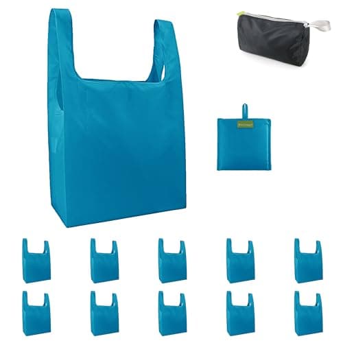 BeeGreen Light Blue Reusable Grocery Bags with Zipper Storage Pouch 10 Packs Blue Reusable Shopping Bags Bulk with Elastic Band Foldable-Machine Washable