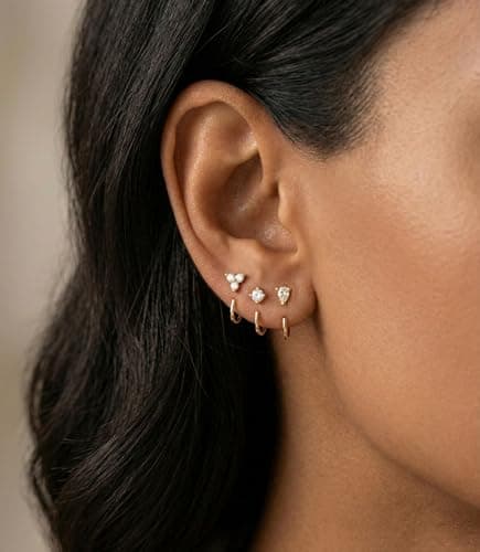 Backless Half Hoop Earrings for Women 14K Gold Plated Clover Drop CZ Charms — view 2