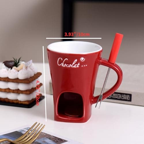 GOVNPJ Fondue Cup Set - 4 Ceramic Chocolate Fondue Mugs with 4 Stainless Steel Forks - Mini Fondue Set for Cheese/Chocolate Fondue, Butter Warming & Dipping (Candles Not Included)
