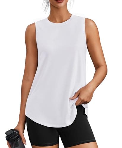 PINSPARK Workout Tops for Women Sleeveless Athletic Tank Tops UPF 50+ Running Tanks with Side Slits Loose Fit Gym Yoga Shirt, White, X-Large
