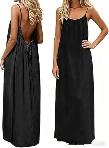Backless Cami Dress Backless Dress House Dress for Women Sleeveless Long Cami Lounge Dress Backless for Indoor Summer Wear (US, Alpha, Large, Regular, Regular, Black)