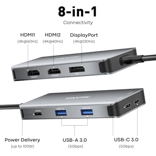 UANTIN USB C Docking Station Dual Monitor Adapter, Laptop Docking Station 3 Monitor Triple 4K60Hz Display with 2 HDMI, 4K120Hz DisplayPort, USB-A & USBC Data, 100W PD, USB C Dock for Dell, HP, Lenovo