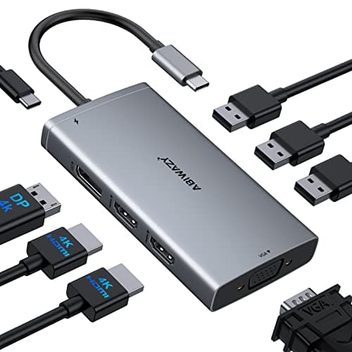 ABIWAZY USB C Hub Triple Monitor Adapters 8 in 1 USB C Docking Station with Dual HDMI Displayport VGA, USB C 100w PD,3 USB2.0 Multiport Dongle for Dell XPS 17/15/13,Lenovo Thinkpad,HP Envy,MacBook