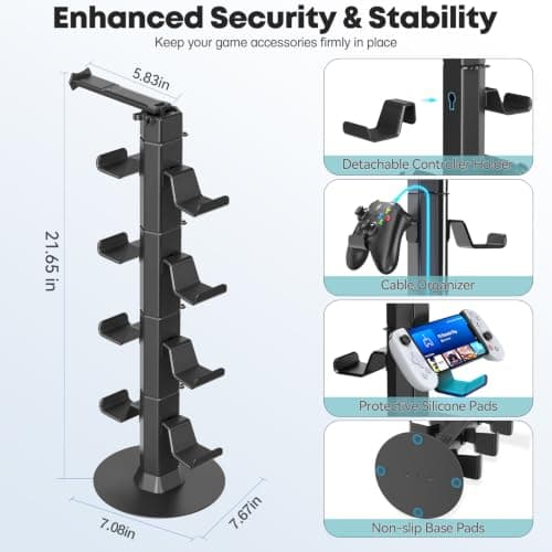 Controller & Headset Holder Stand for Desk, with Charger Cable Organizer Headphone Stand for PS5/ Xbox/ PS4/ Switch, Metal Base Controller Hanger Hook for Storage Earphones, Game Console, Mobile Phone — view 2