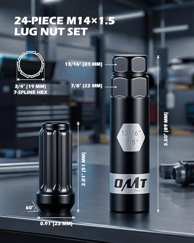 Orion Motor Tech M14x1.5 Lug Nuts Black with Spline Tuner, XL 2 inches Length Conical Wheel Nut, Compatible with Chevy GMC Ford Cadillac Lincoln SAAB Saturn Silverado 1500 Savana, Set of 24