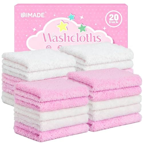 UNIMADE Baby Washcloths, 20 Pack Microfiber Coral Fleece Wash Cloths, Extra Absorbent Baby Towels for Newborns, Infants and Toddlers, Gentle on Sensitive Skin for Face and Body - 7" × 9", White&Pink
