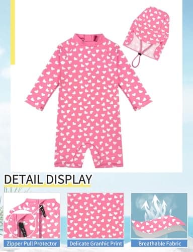 weVSwe Baby Girl Bathing Suit UPF 50+ All in One Sunsuit Swimwear Long Sleeve Toddler Girl Swimsuit with UV Hat Pink Heart 0-6 Months — view 3