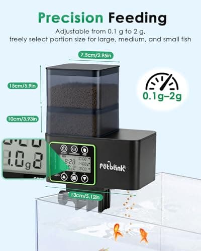 Petbank Automatic Fish Feeder for Aquarium - 230/510ml Timer Fish Feeder Dispenser with 0.1-2g Precision Feeding, Moisture-Proof Auto Fish Feeder with Feed Cleaning & Shortage Alert, USB Rechargeable — view 2