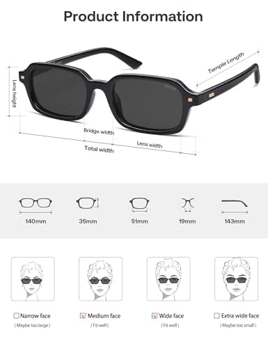 SOJOS Trendy Rectangle Polarized Sunglasses Womens Mens, Small Retro Fashion Thin Slim Square Sunnies SJ2610, Black/Grey — view 4