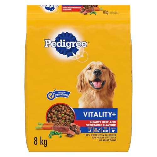 PEDIGREE VITALITY+ Dry Food For Adult Dogs – Hearty Beef & Vegetable Flavour - Supports Strong Bones and Healthy Teeth - With Calcium, 8kg Bag