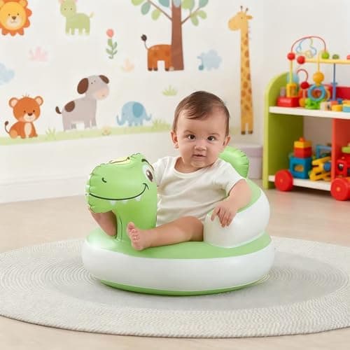 Etiin Inflatable Baby Seat 3D Dinosaur for 6-36 Months Baby Boys & Girls — Built-in Pump, Food-Grade PVC, Wide Anti-Tip Base, Portable Floor Chair, Blow Up Chair Sit Up Practice, Green — view 2