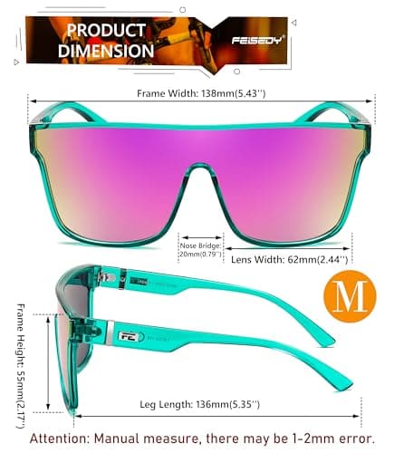 FEISEDY Sunglasses for Women Men, Fashion Mirrored Single Lens, Driving Beach Sunnies UV400 Shades B2996 Mint/Purple — view 5