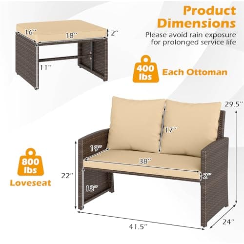 Tangkula Outdoor Loveseat with 2 Ottomans, 3 Pieces Patio PE Wicker Furniture Set with Cushions, Outside Rattan Conversation Set for Balcony, Garden and Backyard (Brown) — view 3