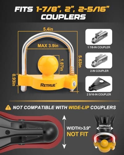 RETRUE Universal Coupler Lock Trailer Locks Ball Hitch Trailer Hitch Lock Adjustable Security Heavy-Duty Steel Fits 1-7/8 Inch, 2 Inch, 2-5/16 Inch Couplers, Yellow