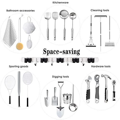 5 Racks and 4 Hooks Mop and Broom Holder Wall Mount, Broom Organizer Storage Tool Racks Stainless Steel Heavy Duty Hooks Self Adhesive Solid Non-slip for Home Kitchen Garden Laundry Garage — view 3