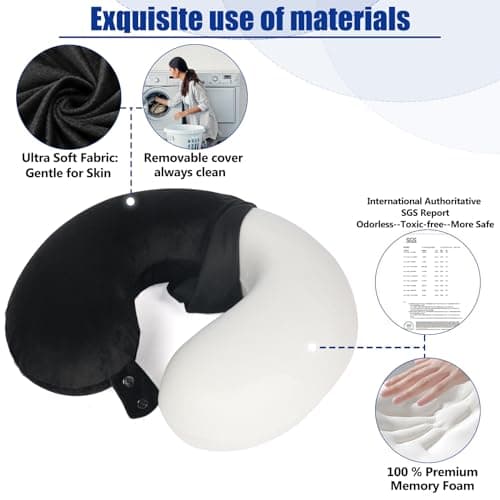SAIREIDER Travel Pillow 100% Pure Memory Foam Travel Neck Pillow, Airplane Pillow for Traveling、Car、Home、Office，Washable Cover（Black） — view 3