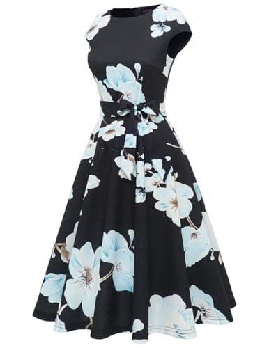 DRESSTELLS Women's Coctail Dresses Semi Formal Floral Wedding Guest Spring Summer Fancy Garden Tea Party Dinner Plus Size Dress Black Blue White Flower 3XL — view 2