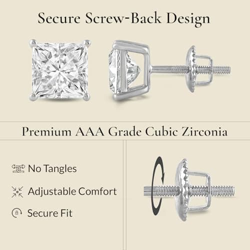 Everyday Elegance Solid 14K White Gold Cubic Zirconia Earrings for Women in Princess Cut | Screw Back Earring | 3 CTW CZ | With Gift Box — view 3