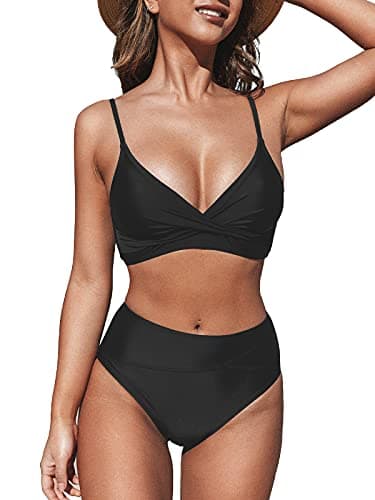 CUPSHE Women's Black Twist High Waist V Neck Bikini Sets,L