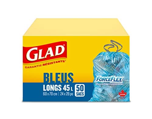 Glad Blue Recycling Bags - Tall 45 Litres - ForceFlex, Drawstring, 50 Trash Bags, Made in Canada of Global Components