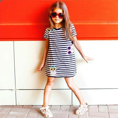 Winzik Toddler Summer Dress, Little Girls Short Sleeve Cotton Casual Dresses Stripe Clothes 2-8 Years (4-5T, Black and White Stripe) — view 3
