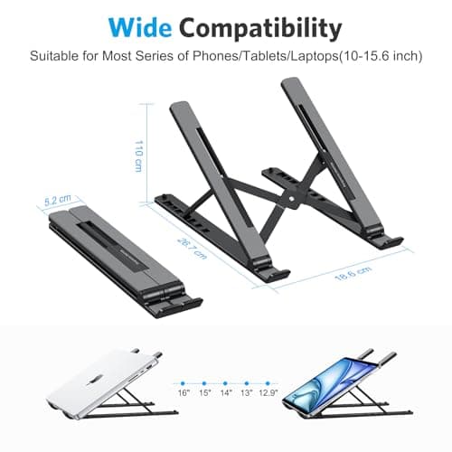 Laptop Stand, OMOTON Laptop Stand for Desk Ergonomic 7-Levels Angles Adjustable Computer Stand, Portable ABS Laptop Riser Holder Compatible with All Laptops and iPad（10-15.6"） (Black) — view 3