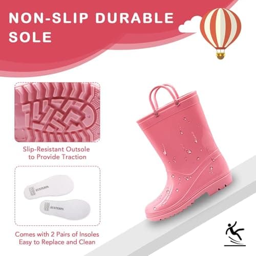 EUXTERPA Girls Waterproof Rain Boots Kids Toddler Solid Color Boots with Easy On Handles, Pink, Little Kid Size 12 — view 2