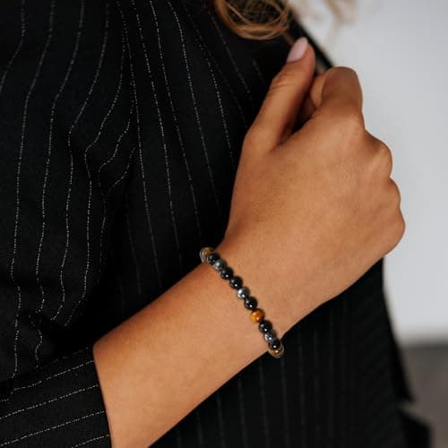 Gnamy Triple Protection Bracelet Gifts for Women, Healing Crystal Beaded Bracelets Hematite Black Tourmaline Tigers Eye Natural Worry Stones Anxiety Birthday Mothers Day Jewelry Presents for Mom Mother Her Adults Grandma — view 3