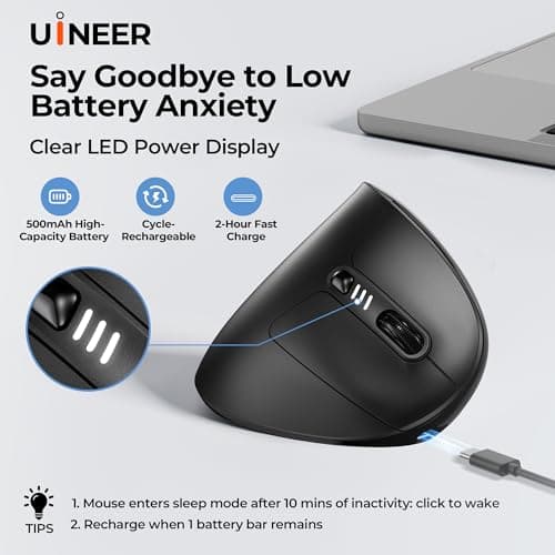 Uineer Wireless Ergonomic Mouse, Wireless Bluetooth Rechargeable Vertical Mouse, 7 Color LED, 4 DPI Adjustable, USB-A Receiver, Wrist Strain Relief,Optical Mice for Computer/PC/Laptop, Black (Black) — view 4