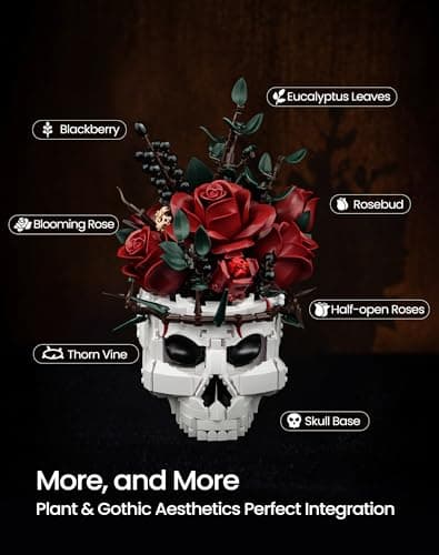 iATOM Skull Roses Flower Bouquet Building Set, Botanical Collection Kit for Adult Women, Birthday Gifts for Mothers Day for Her/Girlfriend/Mom/Wife/Couple, Goth Horror Skeleton Pot Home Table Decor — view 2