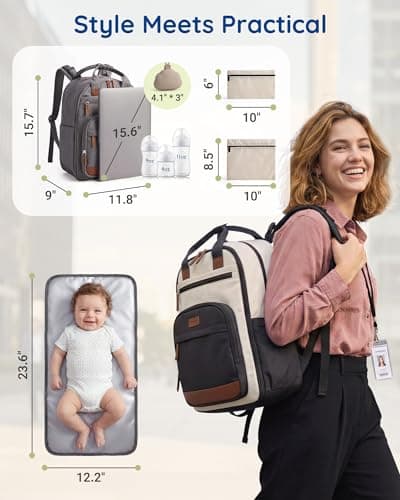 mommore Diaper Bag Backpack with Waterproof Changing Pad, Insulated Bottle Holders & Pacifier Case, Baby Diaper Bag with 2 Organizer Pouches, Stroller Straps, Light Gray — view 5