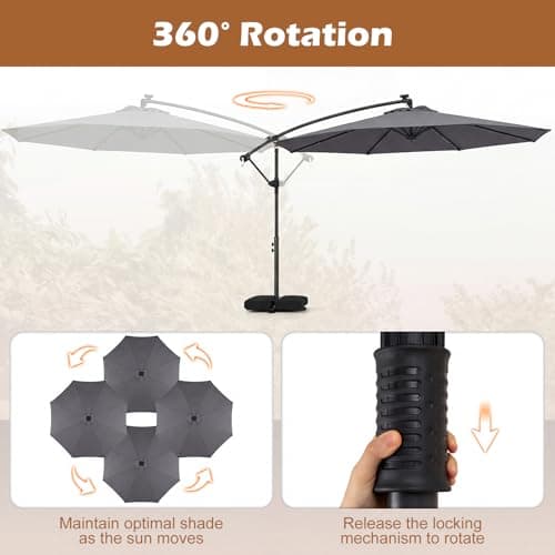 Tangkula 10ft Solar Patio Umbrella with Base Included, Offset Cantilever Outdoor Umbrella with 32 LED Lights, 360 Degree Rotation, Crank Handle for Pool Deck Garden Backyard (Gray) — view 3