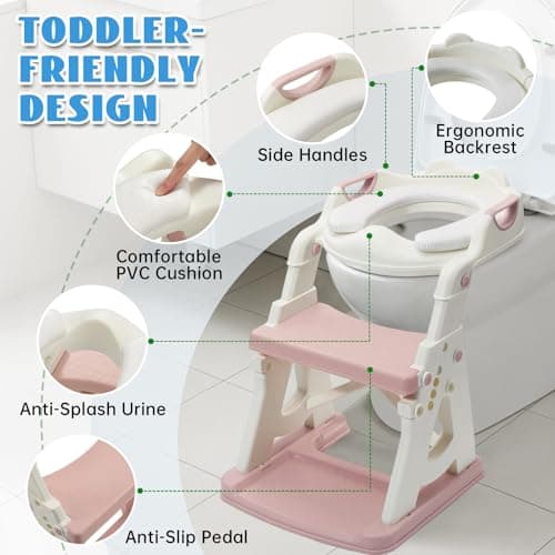 Potty Training Toilet Seat, Stable Potty Training Seat with Step Stool, 2 in 1 Toddler Toilet Seat with Steps for Kids Boys Girls, Toddler Potty Seat with Ladder, Splash Guard, Anti-Slip Pads (Pink) — view 3
