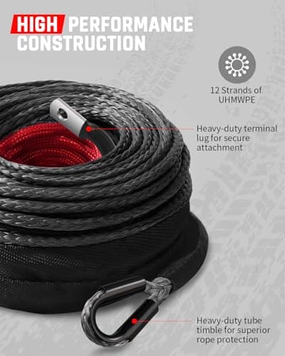 DAYDOOR Synthetic Winch Rope, 1/4 Inch x 50ft 10,000LBS Synthetic Winch Line, Synthetic Winch Cable for Offroad Vehicle 4WD ATV UTV, Synthetic Rope with Forged Winch Hook and Rubber Stopper (Gray) — view 2