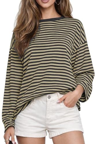 CHYRII Women Oversized Striped Long Sleeve T Shirts Fashion Casual Fall Spring 2026 Tops Y2K Clothes (Dark Grey+Beige S)